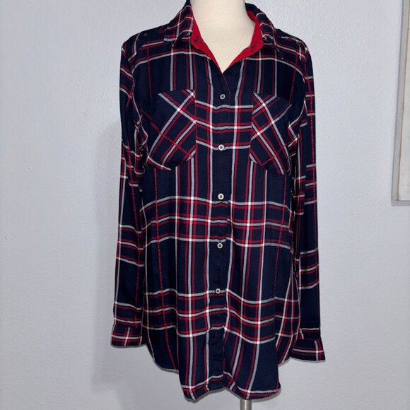Westbound Plaid Button Front Shirt S Navy Red Rayon Cabincore Fall Top Roll Tab - Picture 2 of 12
